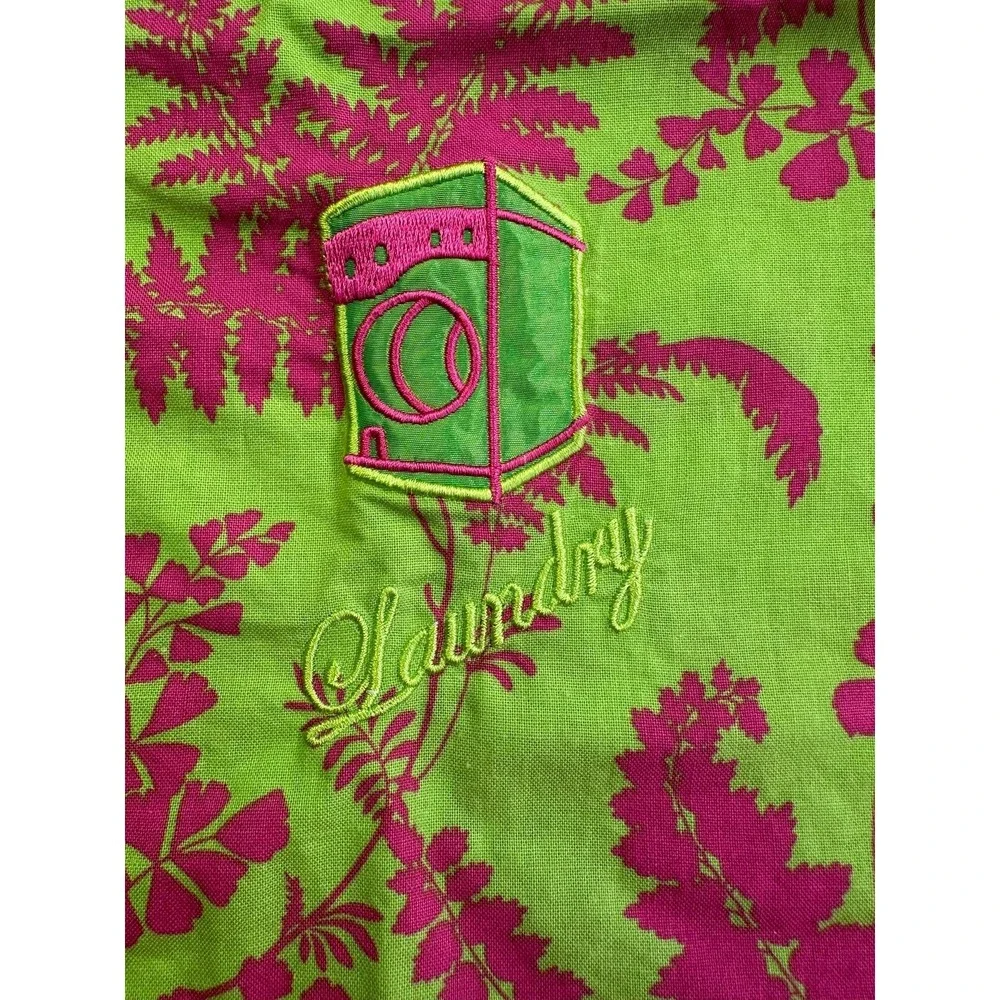 Once Upon A Rose Pink Green Print Drawstring Laundry Bag 12x14 Embroidered
